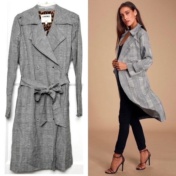 NWT L’AGENCE Linen Houndstooth Plaid Double Breasted Tie Waist Trench Coat 2 - Picture 1 of 6